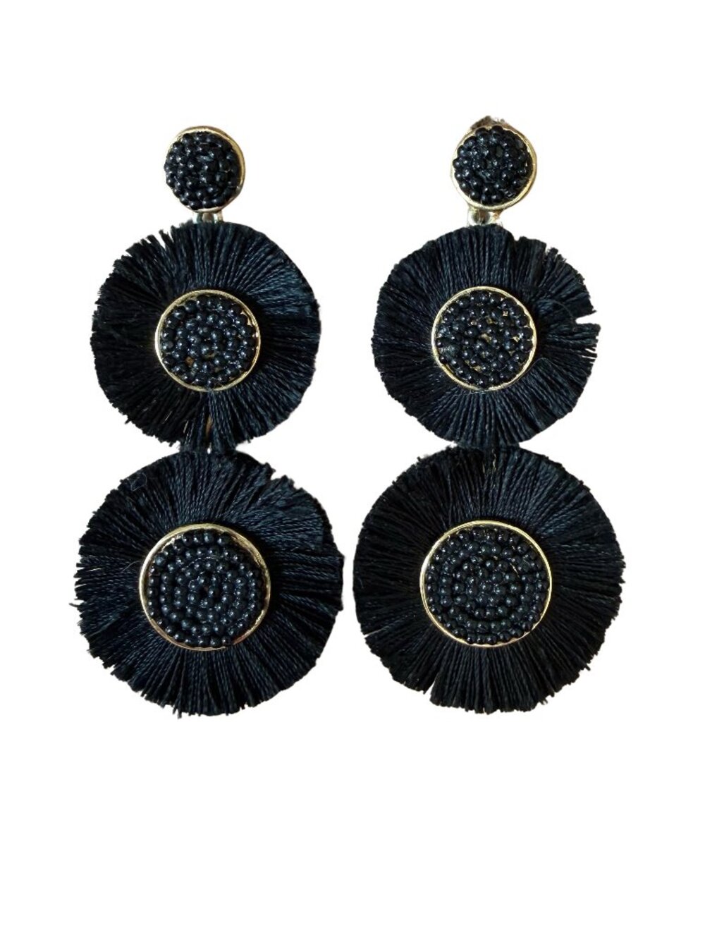 Black Fringe Beaded Tiered Drop Earrings — Gold Accent